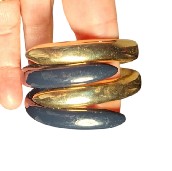 Navy Blue & Gold Toned Hinged Clamp Claw Style Bracelet Fits Small Wrists - Picture 4 of 7